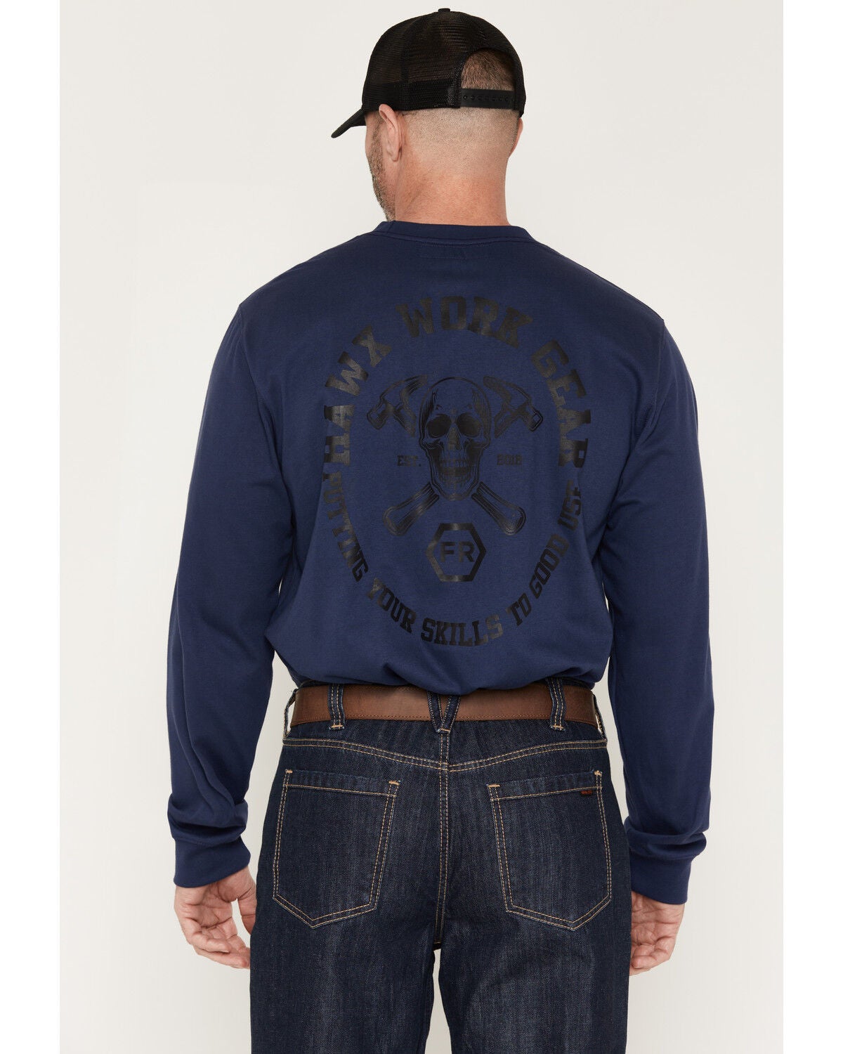 Image #1 - Hawx Men's FR Solid Skull and Hammers Long Sleeve Graphic Work T-Shirt, Navy, hi-res