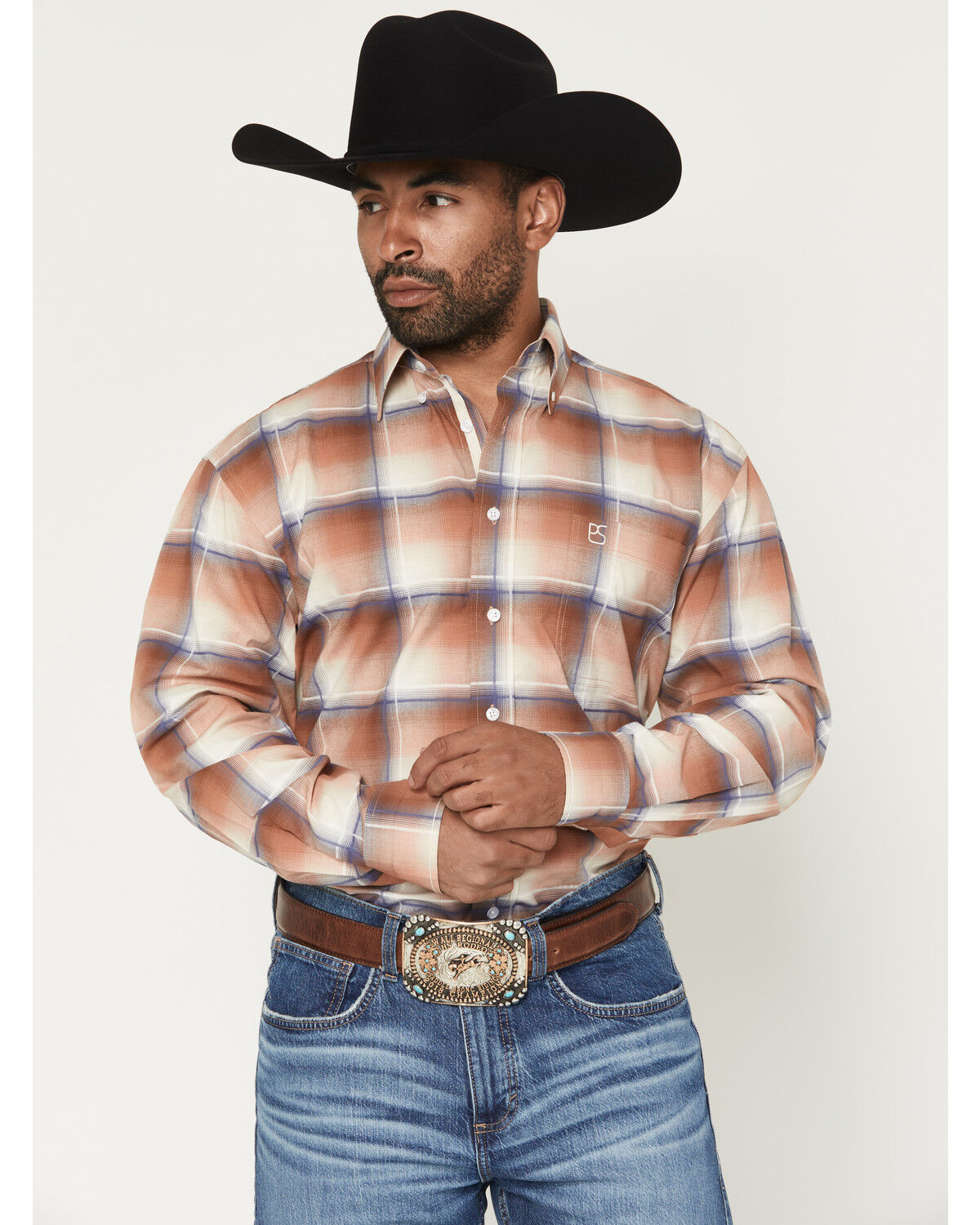 Image #1 - Panhandle Slim Men's Plaid Print Long Sleeve Button-Down Stretch Western Shirt, Rust Copper, hi-res