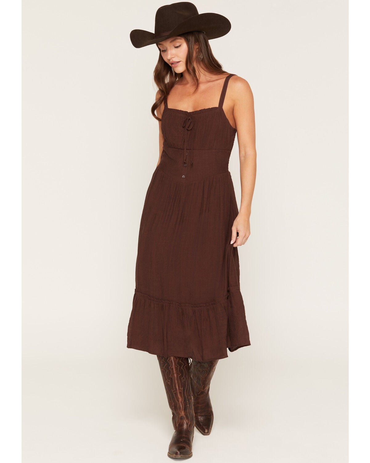 June & Hudson Women's Corset Button-Down Sleeveless Midi Dress, Chocolate, hi-res