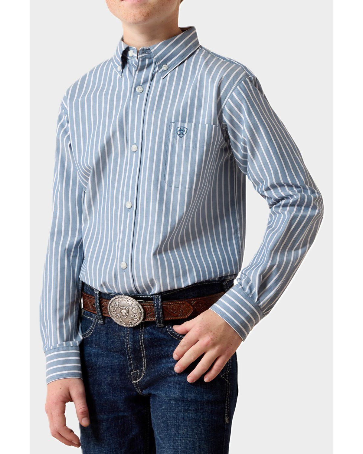 Ariat Boys' Delaney Striped Print Long Sleeve Button-Down Western Shirt, Blue, hi-res