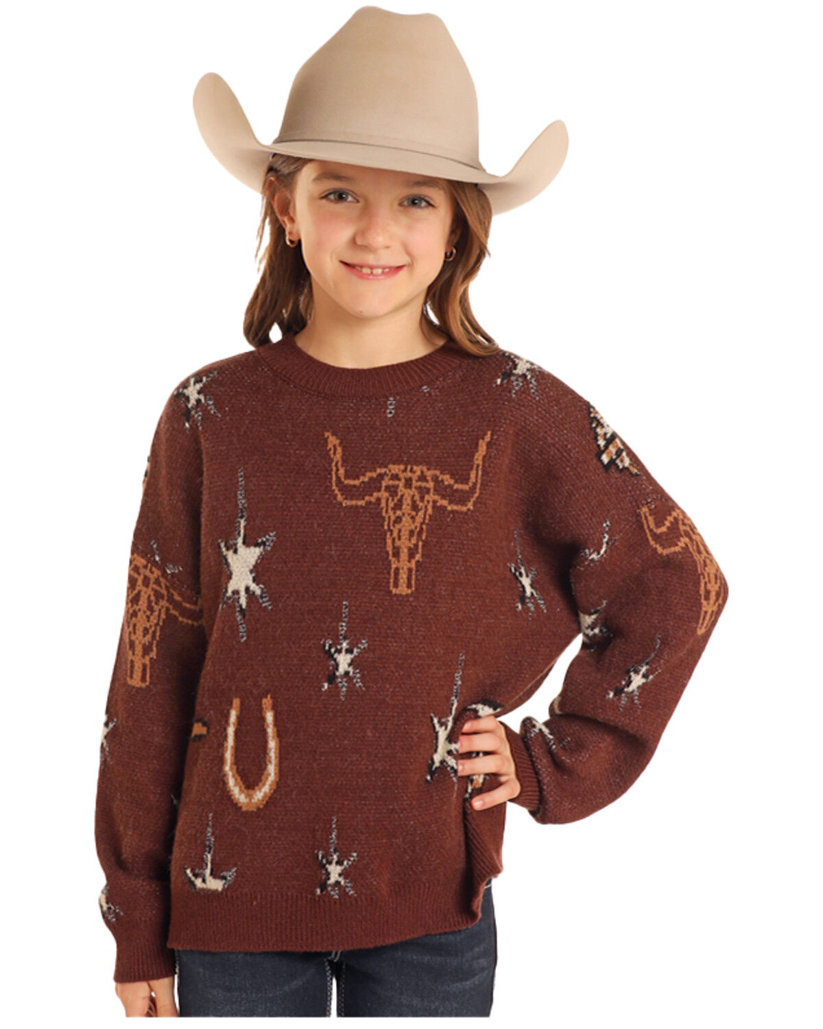 Image #1 - Panhandle Girls' Conversation Print Sweater, Rust Copper, hi-res