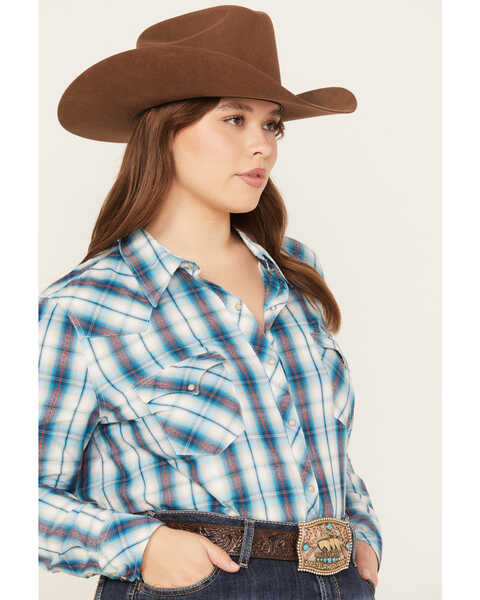 Image #2 - Roper Women's Plaid Print Long Sleeve Snap Western Shirt - Plus, Blue, hi-res