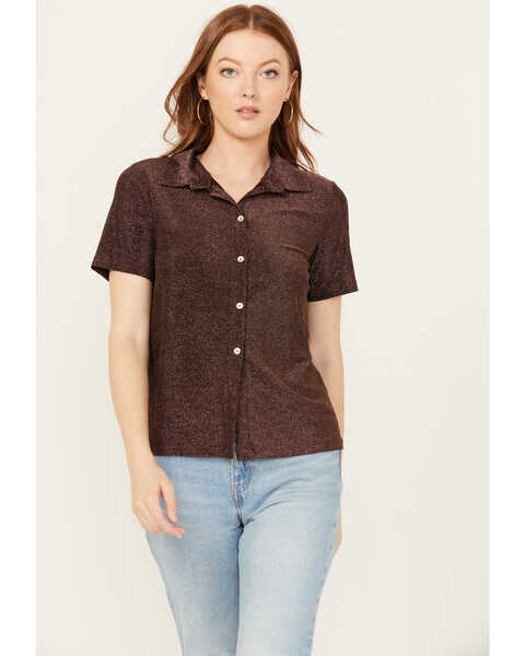 Molly Bracken Women's Short Sleeve Button-Down Shirt , Brown, hi-res