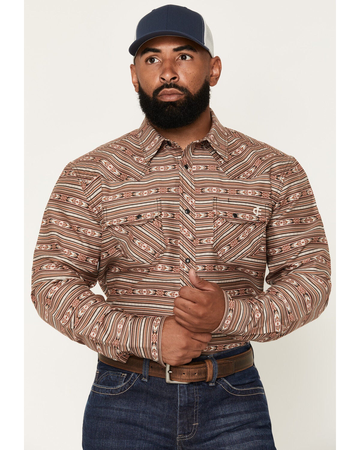 Image #1 - Cody James Men's FR Gila Striped Print Long Sleeve Snap Stretch Work Shirt, Dark Brown, hi-res