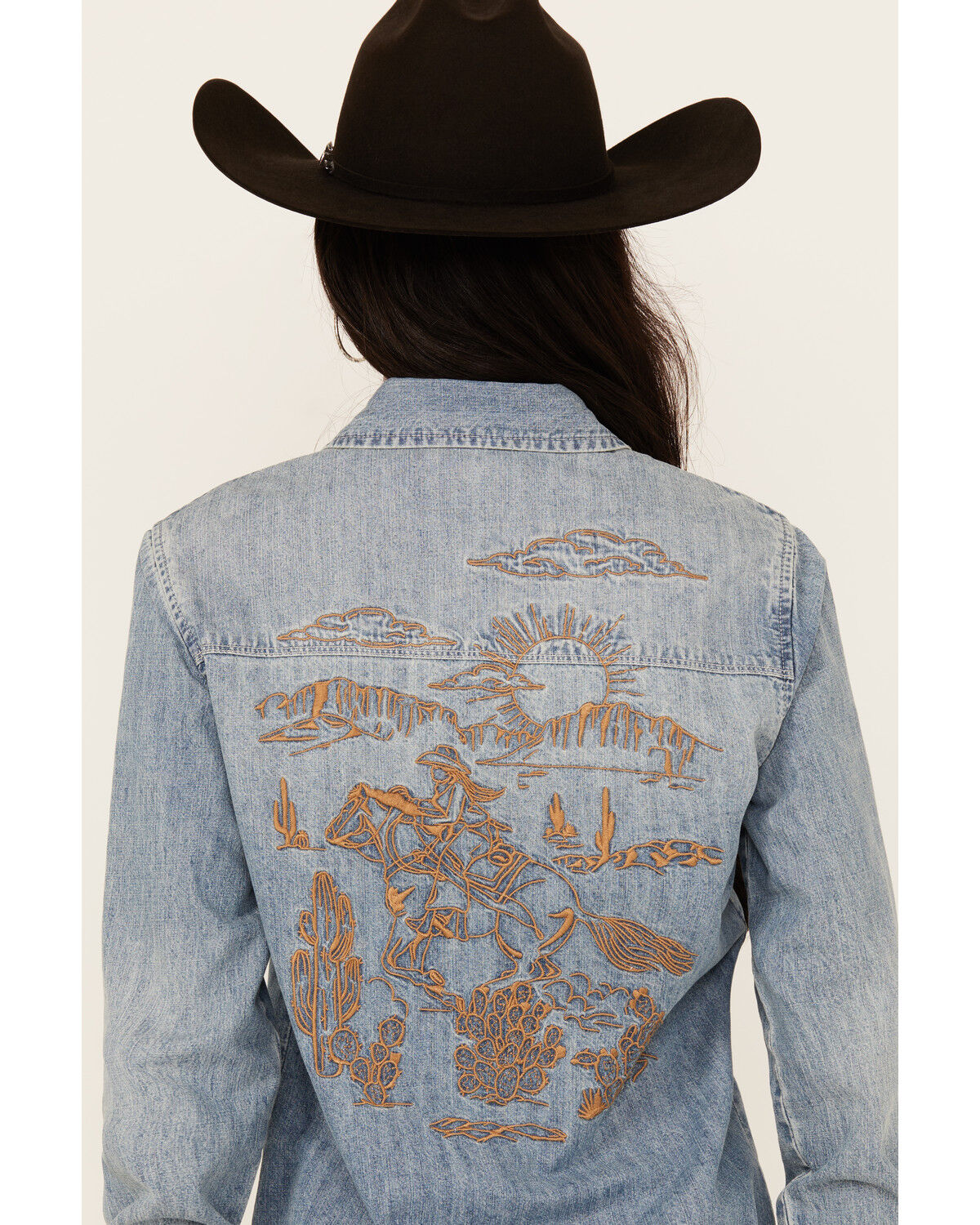 Image #3 - Stetson Women's Medium Wash Embroidered Cowboy Long Sleeve Pearl Snap Denim Shirt, Blue, hi-res