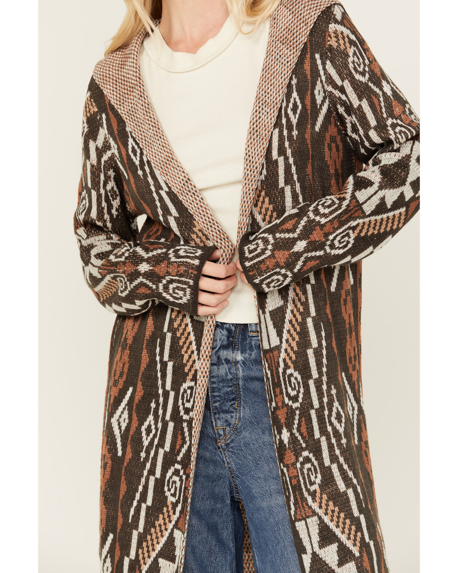 Rock Roll Denim Women s Southwestern Print Hooded Duster Cardigan Sheplers