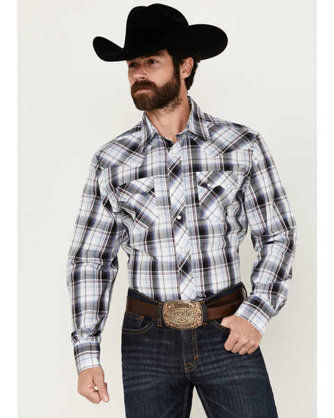 Image #1 - Wrangler Retro Men's Plaid Print Long Sleeve Snap Western Shirt - Tall , White, hi-res