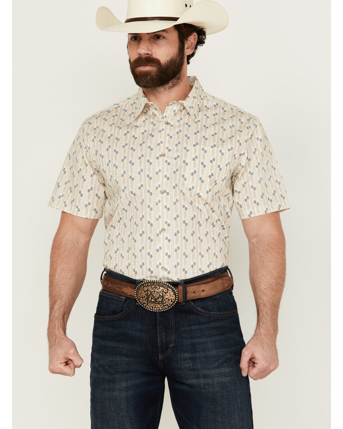 Gibson Men's Vintage Vibe Geo Print Short Sleeve Button-Down Western Shirt, Ivory, hi-res