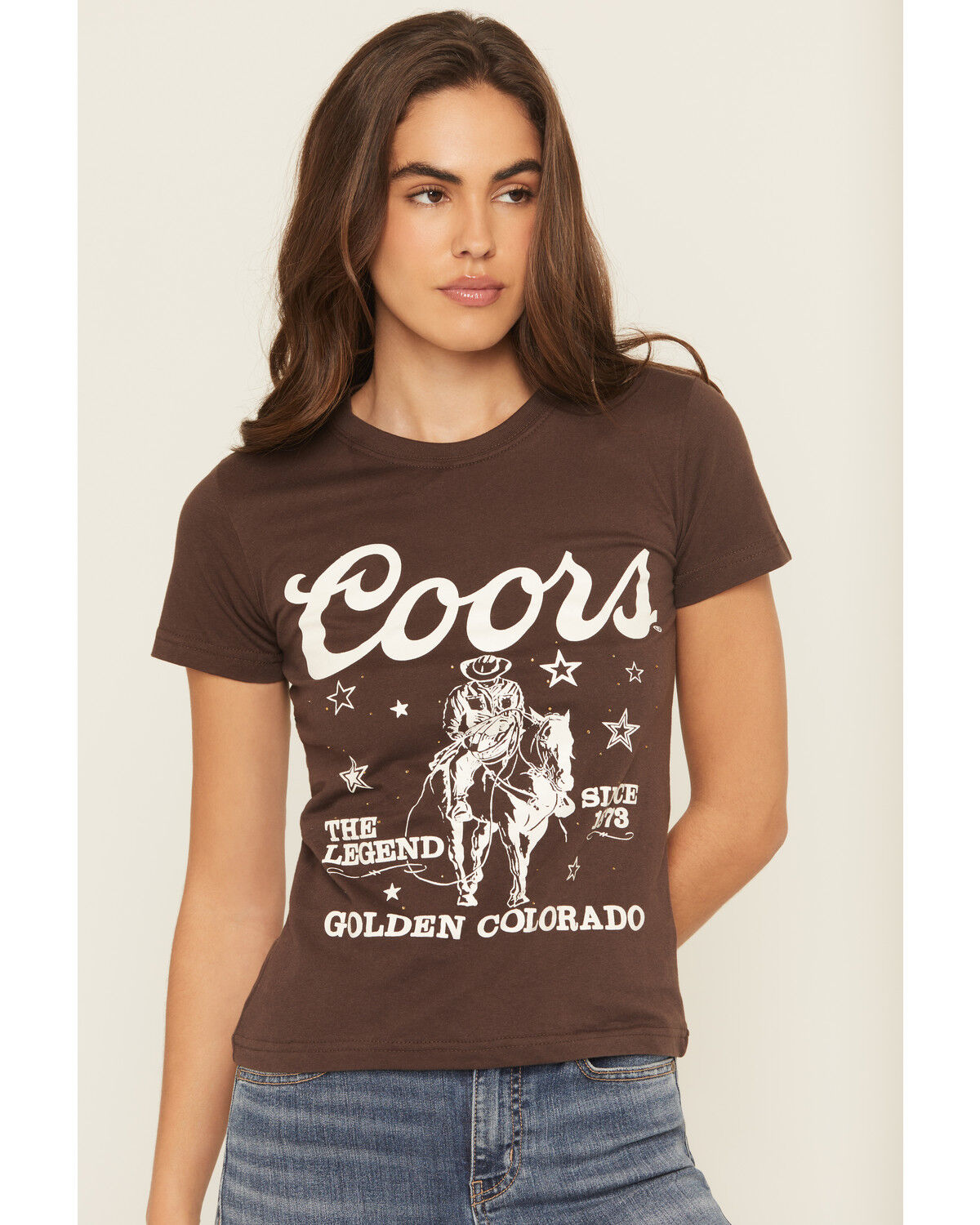 Image #1 - Coors Women's Rhinestone Stars Cowboy Short Sleeve Oversized Graphic Tee, Brown, hi-res