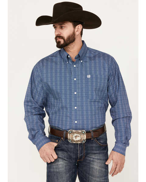 Image #1 - Cinch Men's Geo Print Long Sleeve Button Down Western Shirt, Blue, hi-res