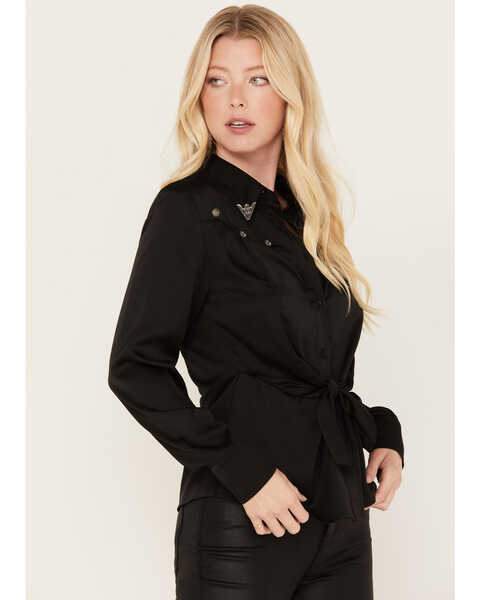 Image #2 - Idyllwind Women's Jellico Satin Tie-Front Western Shirt, Black, hi-res