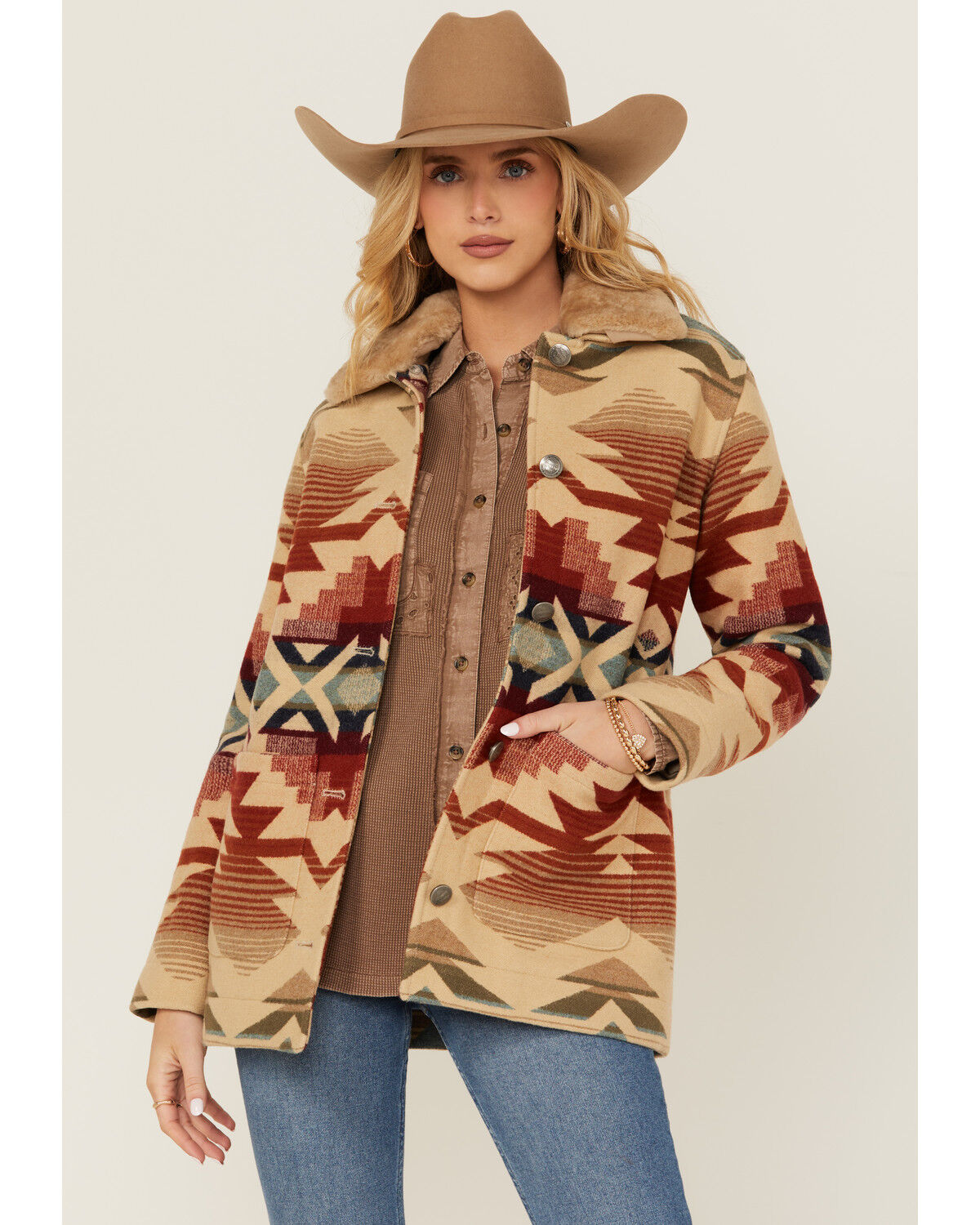 Image #1 - Pendleton Women's Sherpa Collar Printed Coat, Tan, hi-res