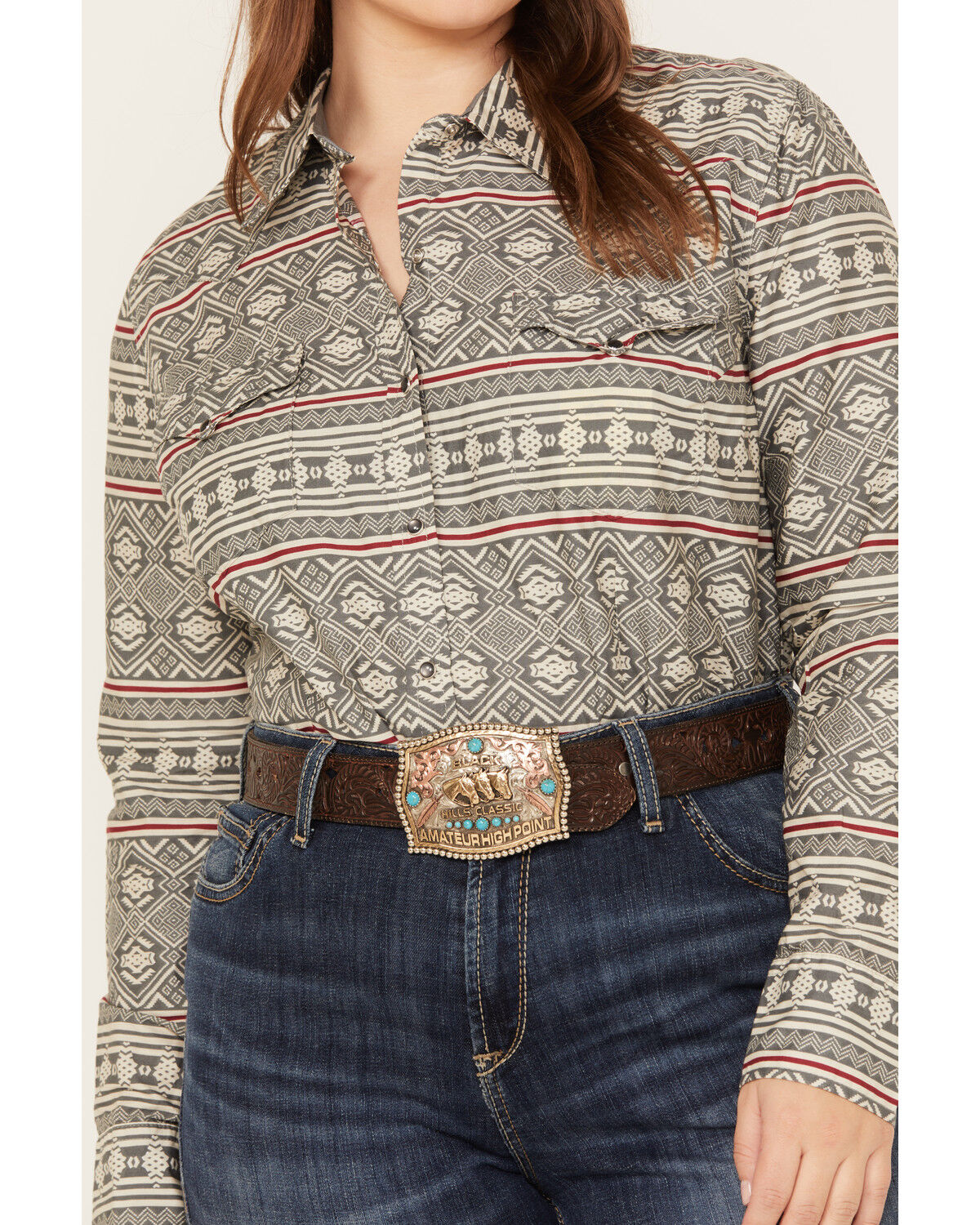 Image #3 - Roper Women's Southwestern Print Long Sleeve Snap Western Shirt - Plus, Grey, hi-res