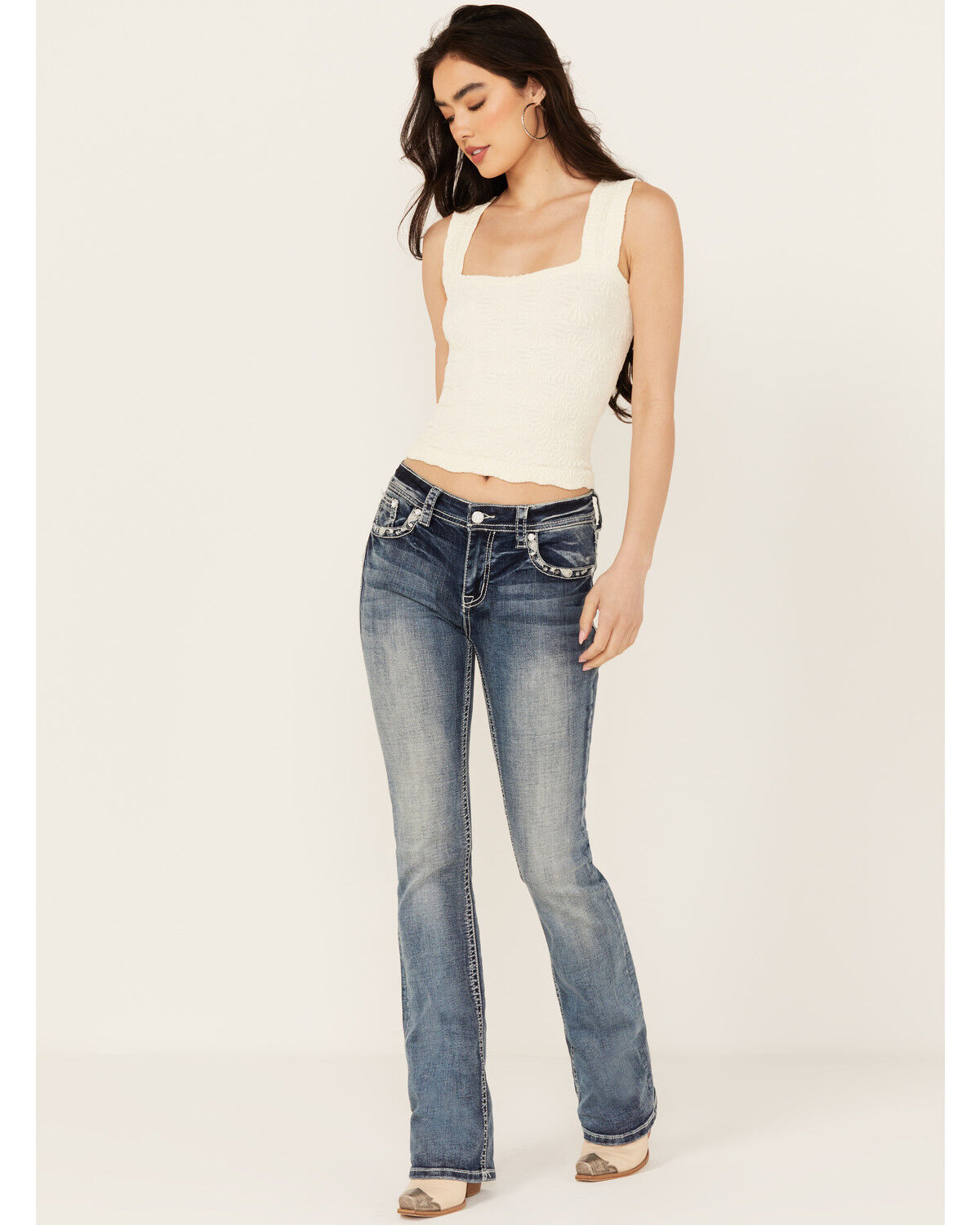 Image #3 - Grace In LA Women's Fleur De Lis Embroidered Pocket Bootcut Stretch Denim Jeans, Medium Wash, hi-res