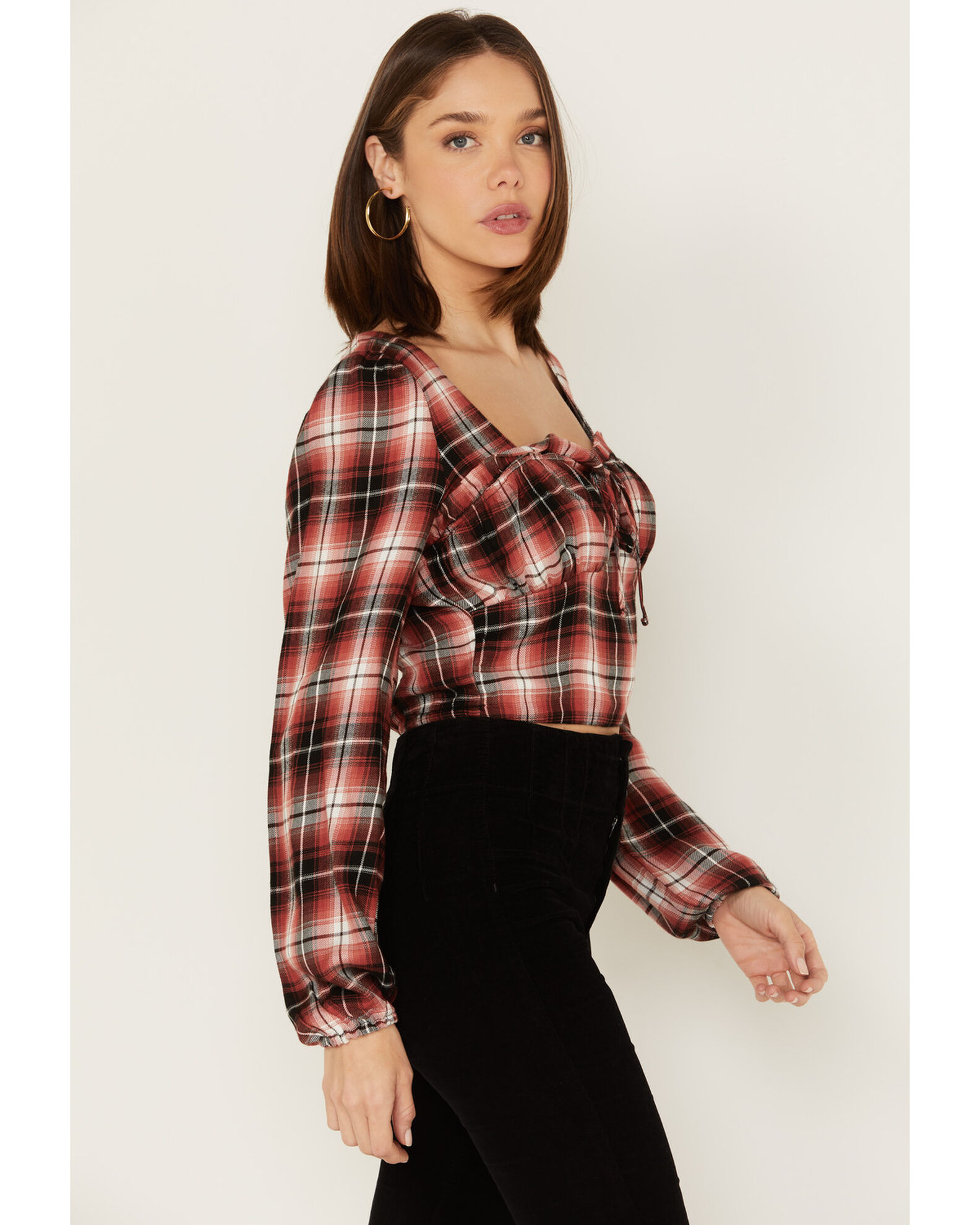 Image #2 - Wild Moss Women's Plaid Print Ruffle Tie Front Crop Top, Brown, hi-res