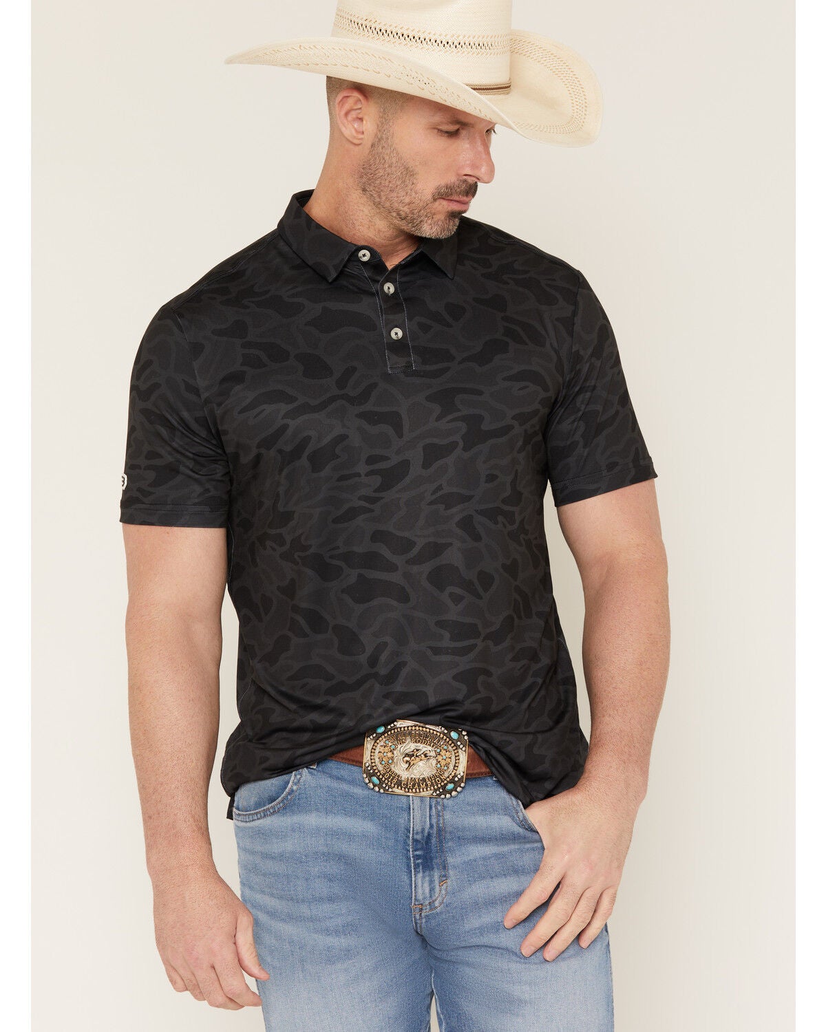 Burlebo Men's Camo Print Short Sleeve Button-Down Stretch Polo Shirt, Black, hi-res