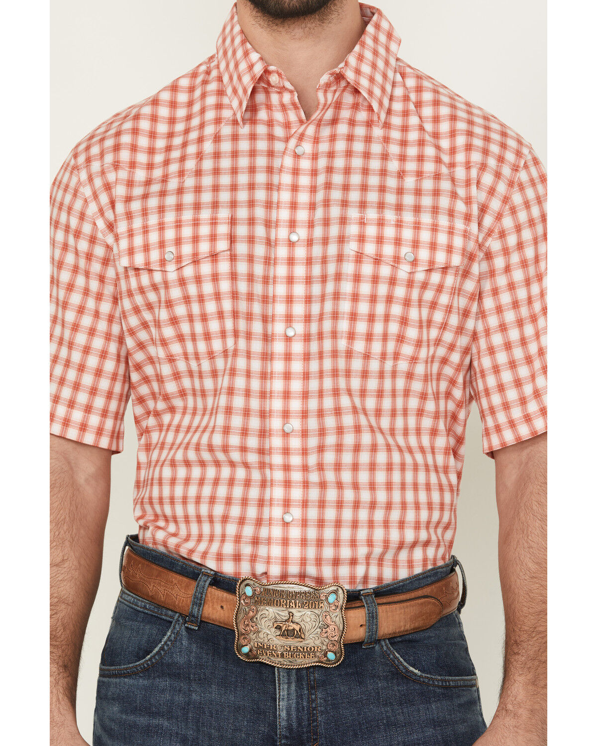 Image #3 - Wrangler Men's Plaid Print Short Sleeve Pearl Snap Western Shirt, Orange, hi-res