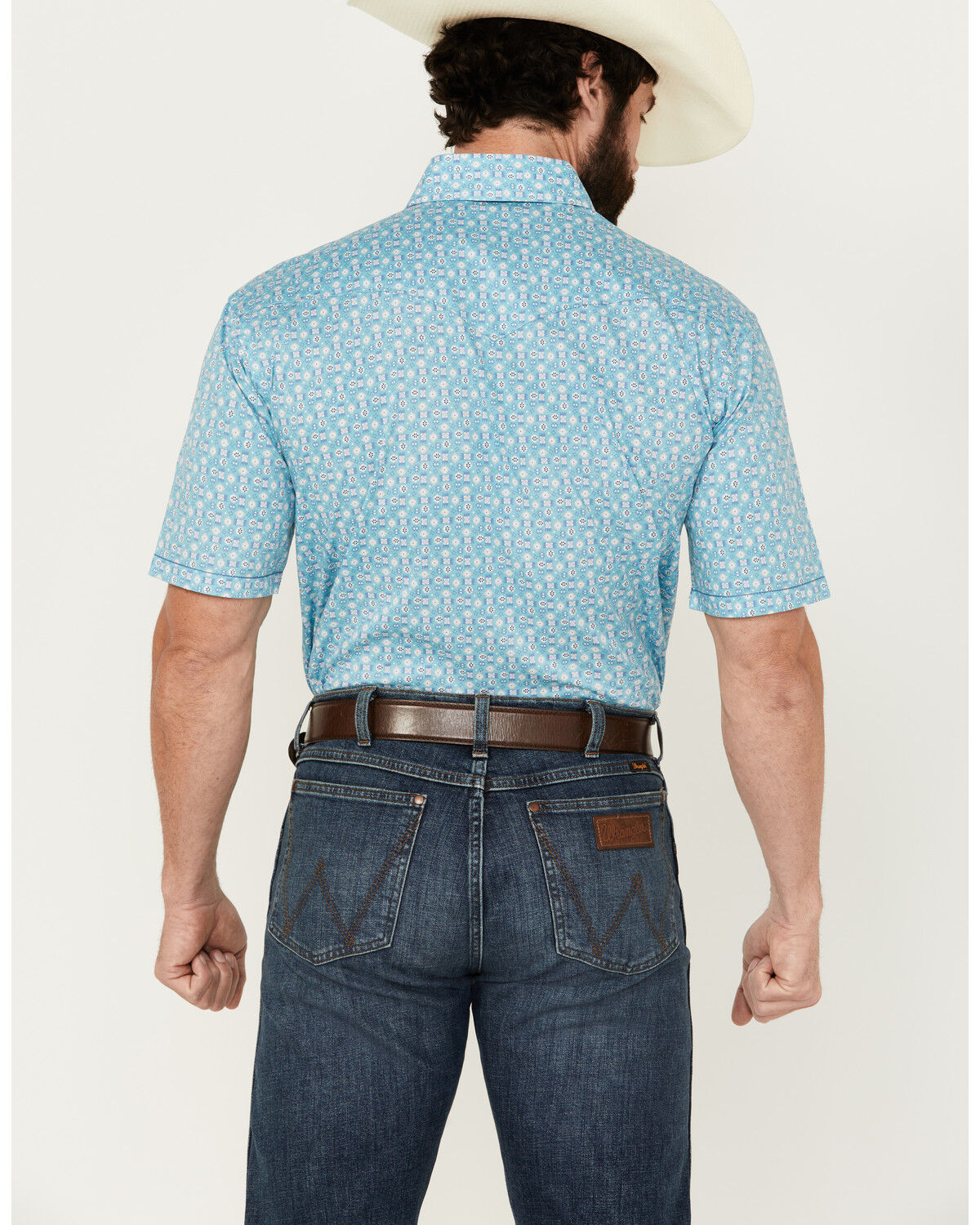 Image #4 - Panhandle Men's Southwestern Print Short Sleeve Pearl Snap Stretch Western Shirt, Aqua, hi-res