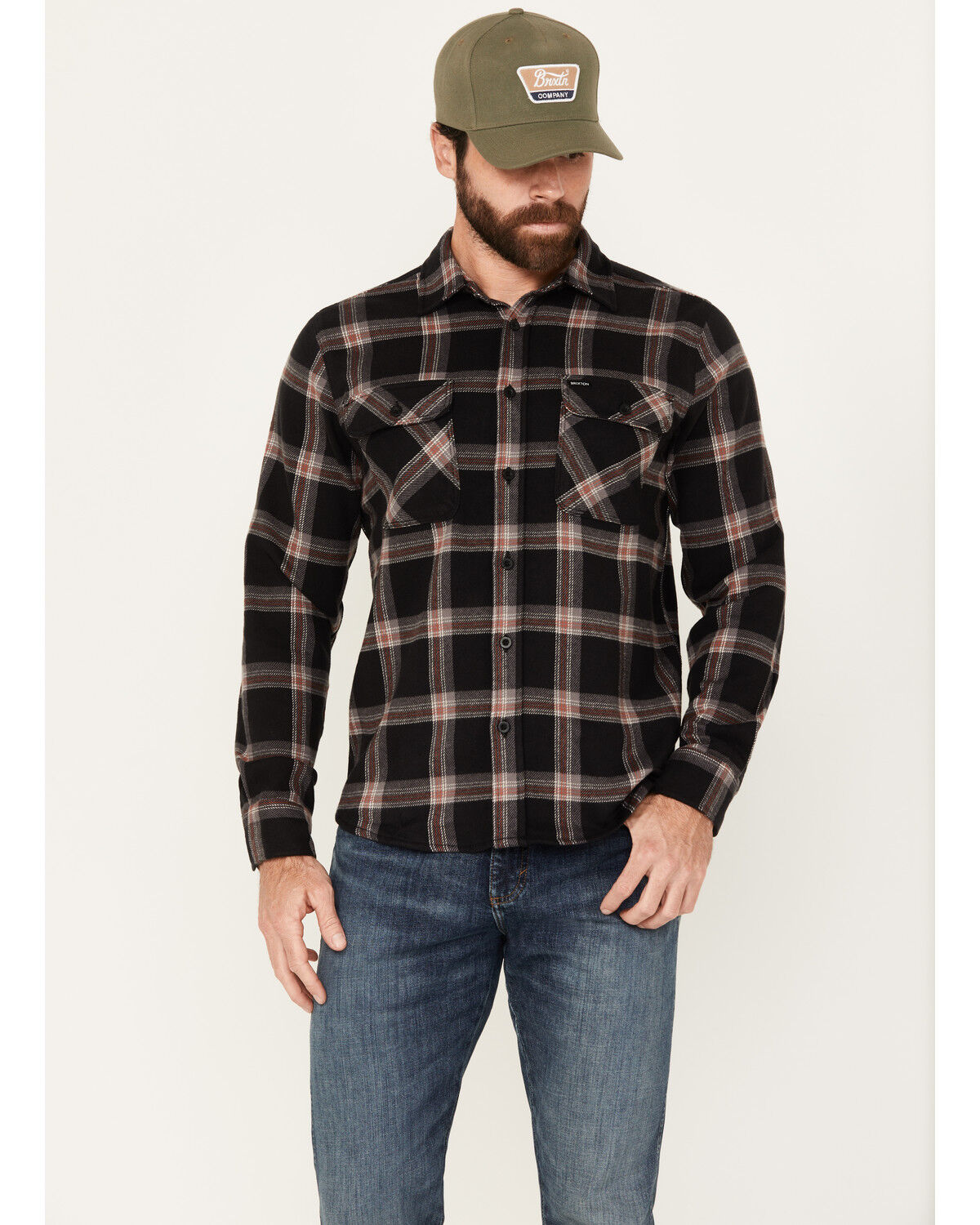 Image #1 - Brixton Men's Bowery Stretch Plaid Print Long Sleeve Button-Down Flannel Shirt, Black, hi-res