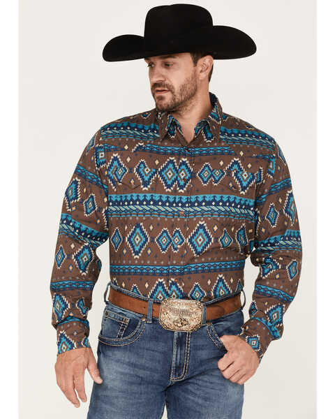 Image #1 - Roper Men's Southwestern Print Long Sleeve Snap Western Shirt, Brown, hi-res
