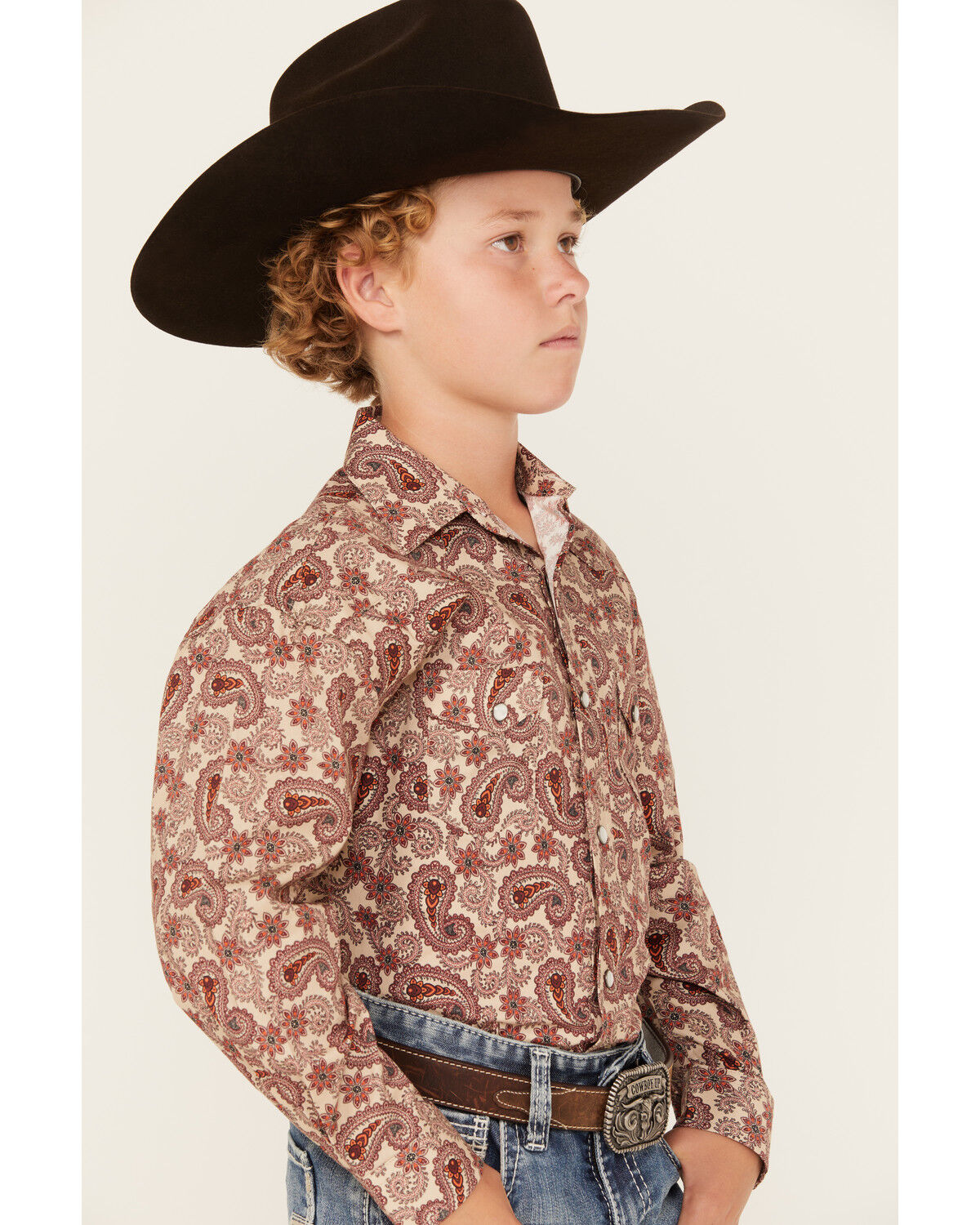 Image #2 - Rock & Roll Denim Boys' Paisley Print Long Sleeve Pearl Snap Stretch Western Shirt, Rust Copper, hi-res
