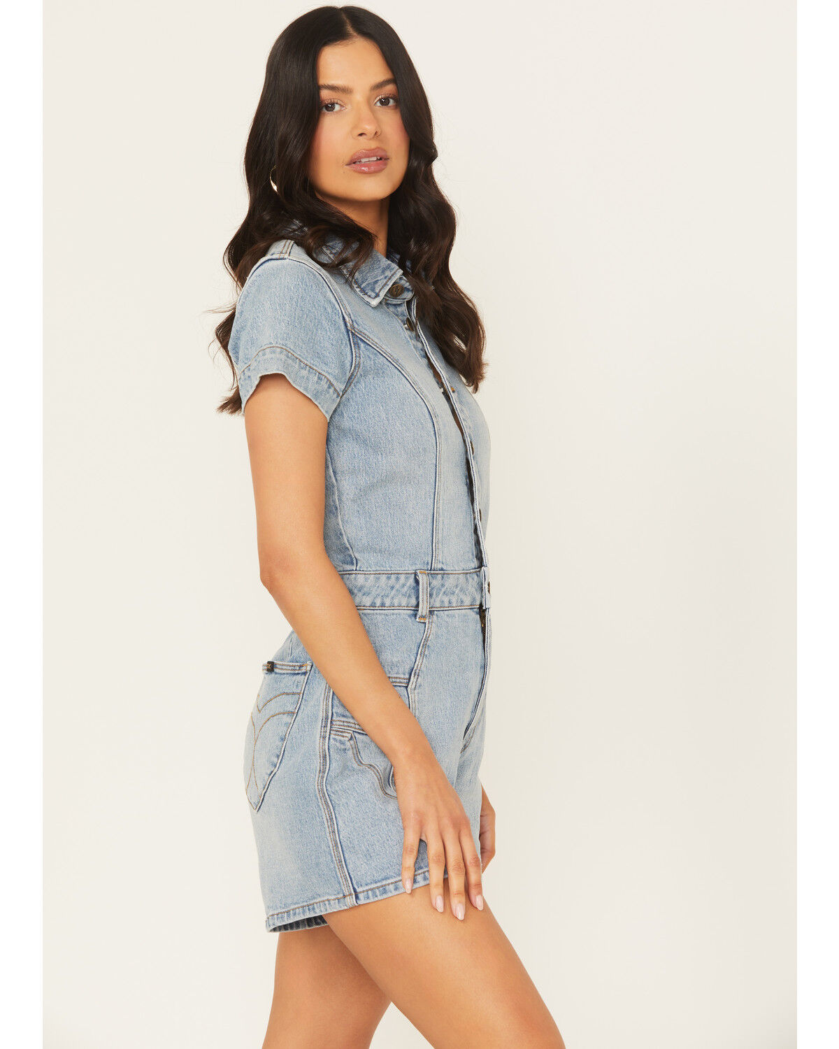 Image #2 - Rolla's X AC/DC Women's Light Wash Lightening Short Sleeve Button-Down Denim Romper, Light Wash, hi-res