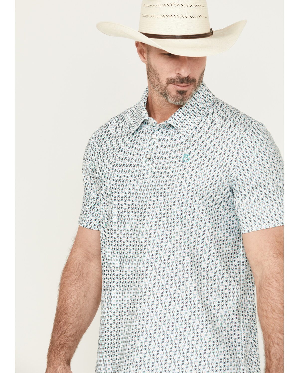 Image #2 - Panhandle Men's Geo Print Short Sleeve Stretch Polo, Aqua, hi-res