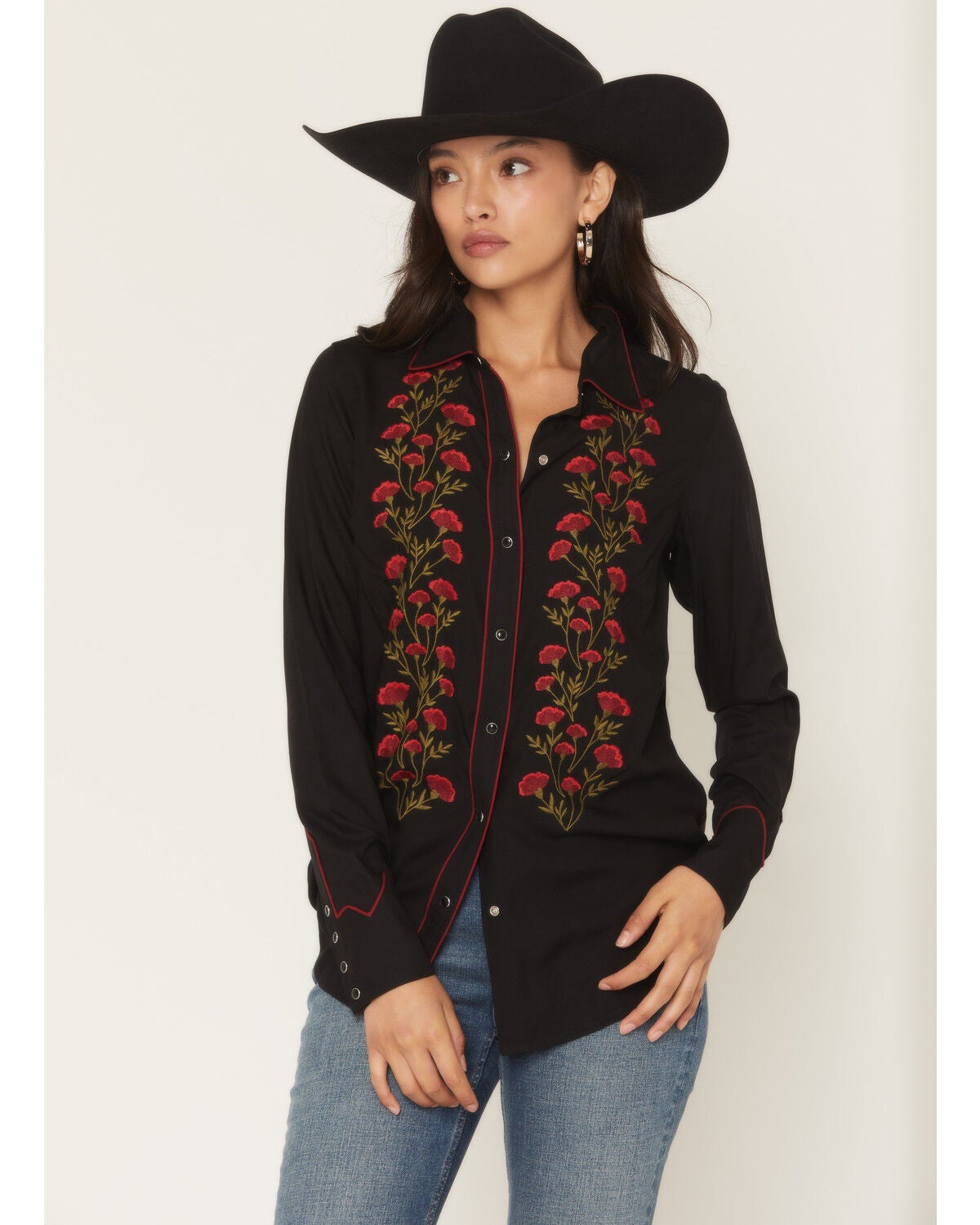 Rock & Roll Denim Women's Floral Embroidered Retro Snap Western Shirt, Black, hi-res