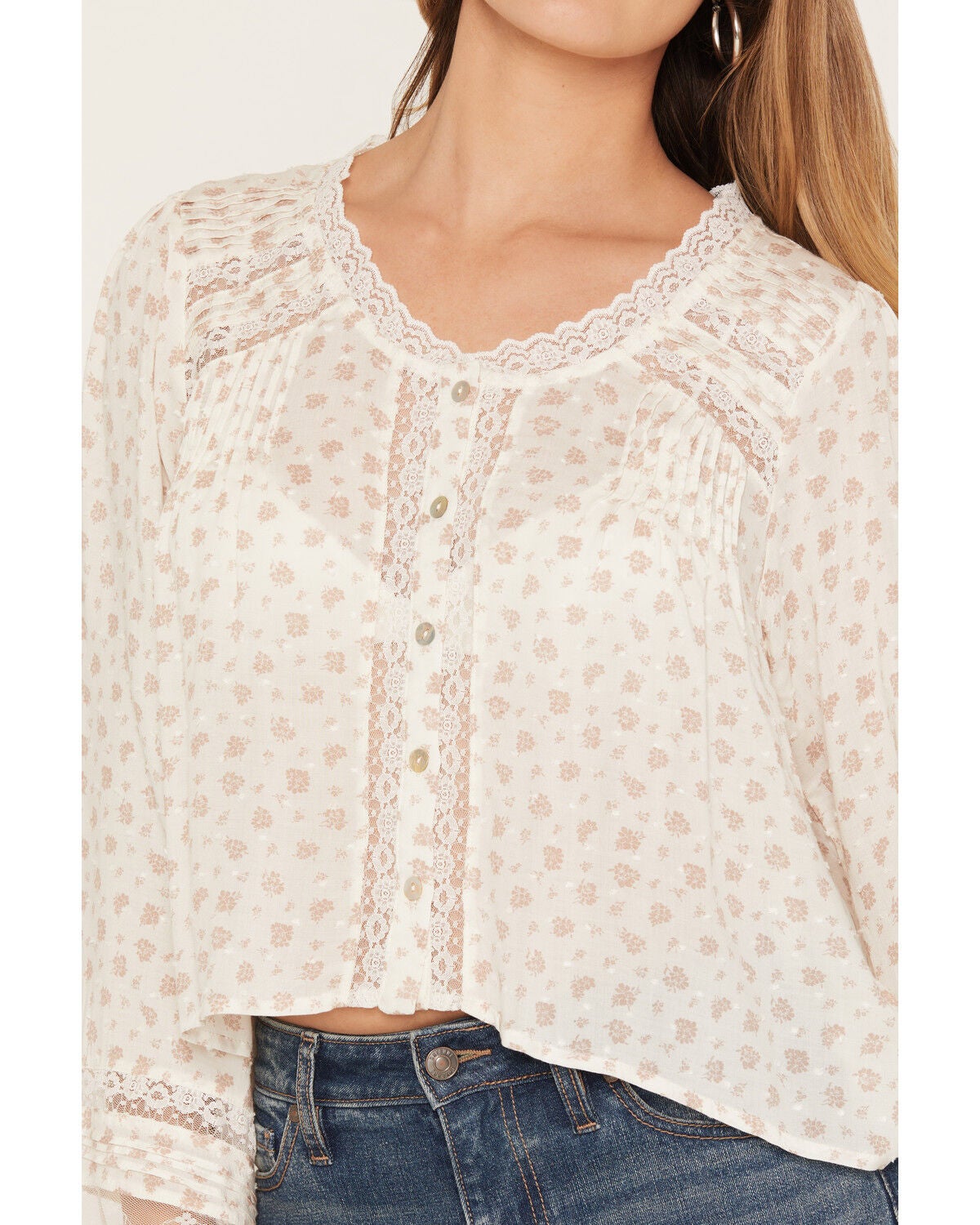 Image #3 - Wild Moss Women's Floral Lace Trim Top, Ivory, hi-res