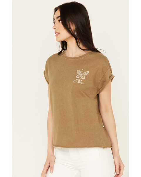 Image #2 - Cleo + Wolf Women's Burnout Butterfly Relaxed Graphic Tee, Olive, hi-res