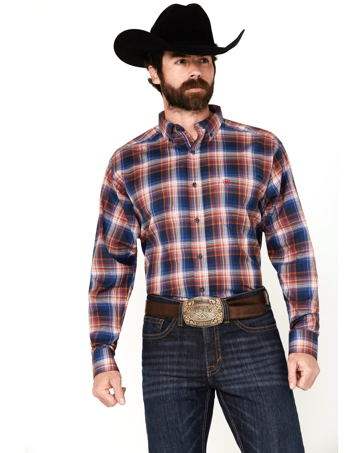 Image #1 - Ariat Men's Boot Barn Exclusive Presly Plaid Print Long Sleeve Button-Down Western Shirt, Blue, hi-res