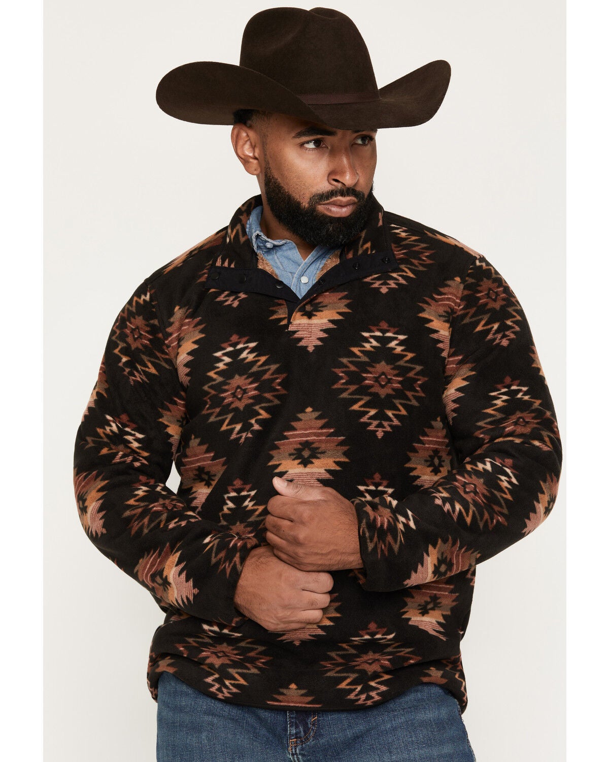 Cody James Men's Saddleback Southwestern Print Polar Fleece 1/4 Snap Pullover, Black, hi-res