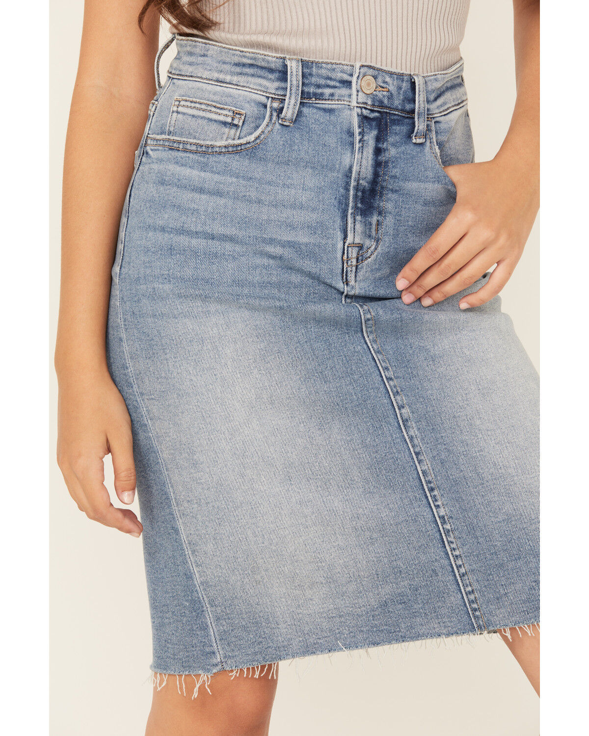 Image #2 - Flying Monkey Women's Raw Hem Medium Wash Denim Midi Skirt, Blue, hi-res