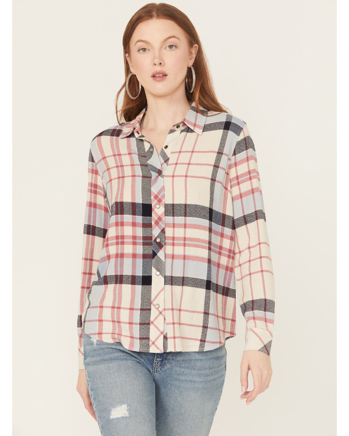 Idyllwind Women's Lyle Plaid Print Long Sleeve Snap Western Shirt, Cream, hi-res