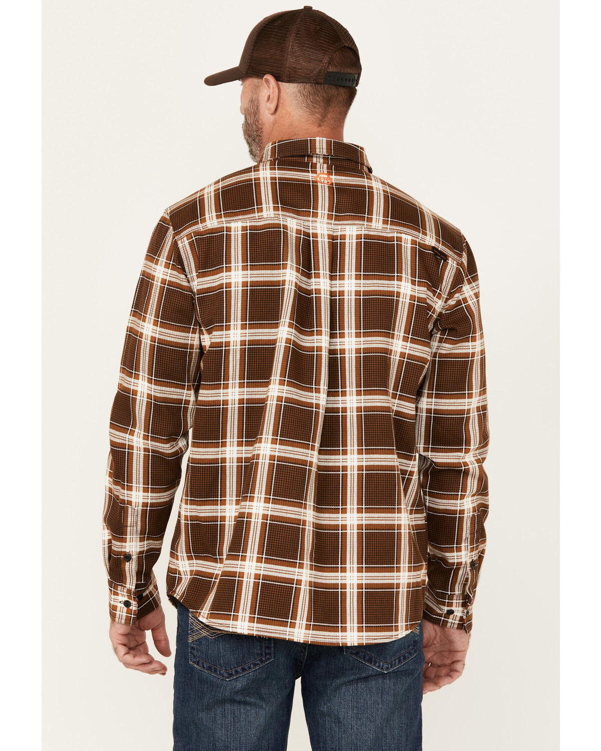 Image #4 - Hawx Men's FR Plaid Print Long Sleeve Button-Down Western Work Shirt, Brown, hi-res