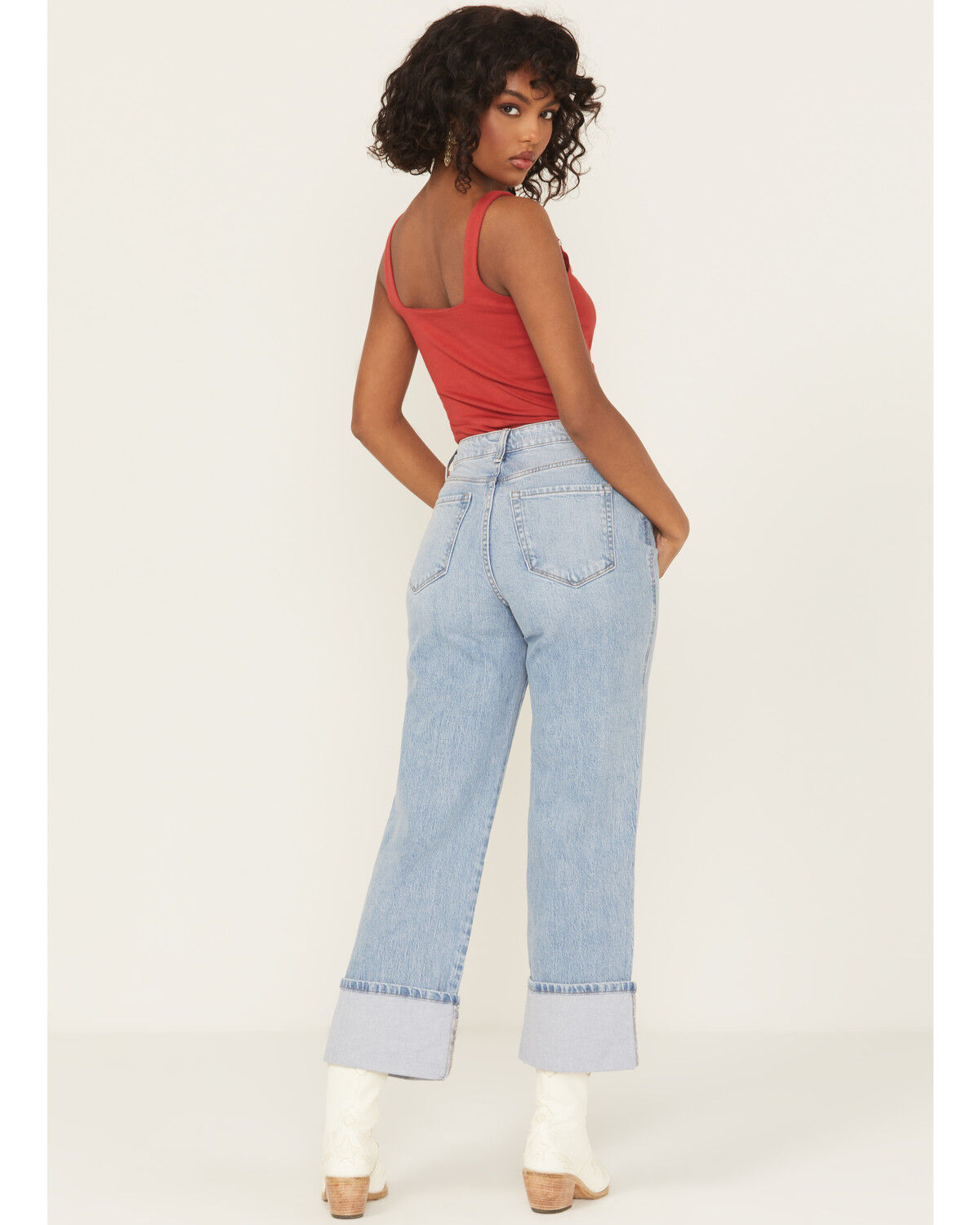 Image #3 - Vervet by Flying Monkey Women's Medium Wash Super High Rise Cuffed Cropped Baggy Straight Stretch Denim Jeans, Medium Wash, hi-res