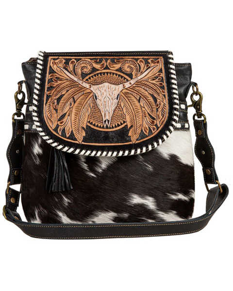 Myra Bag Women's Spirit of the Herd Hand Tooled Crossbody Bag , Black, hi-res