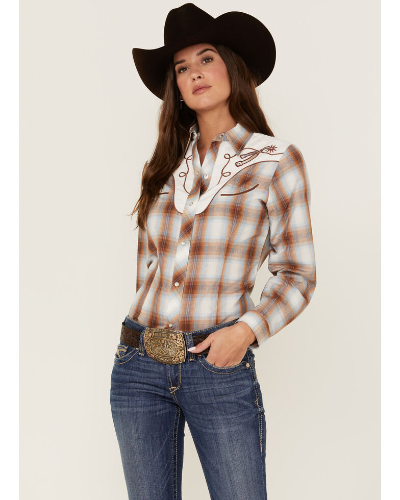Roper Women's Embroidered Plaid Print Long Sleeve Western Snap Shirt, Brown, hi-res
