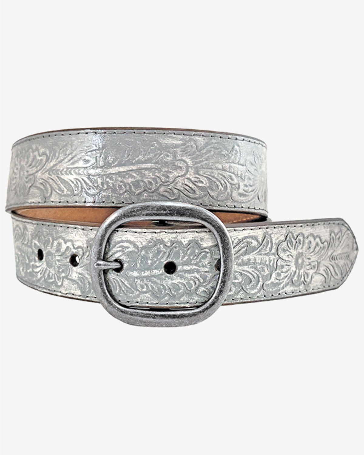 Roper Women's Floral Embossed Metallic Leather Belt, Silver, hi-res