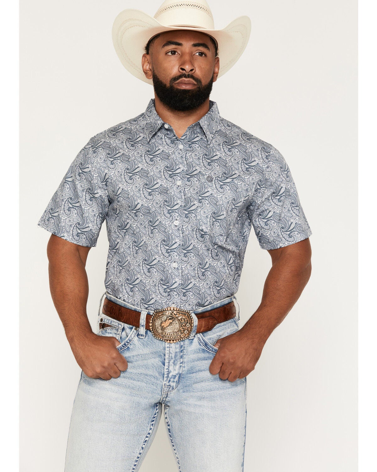 Image #1 - Cody James Men's Zeke 2.0 Paisley Print Short Sleeve Button-Down Stretch Western Shirt, Blue, hi-res