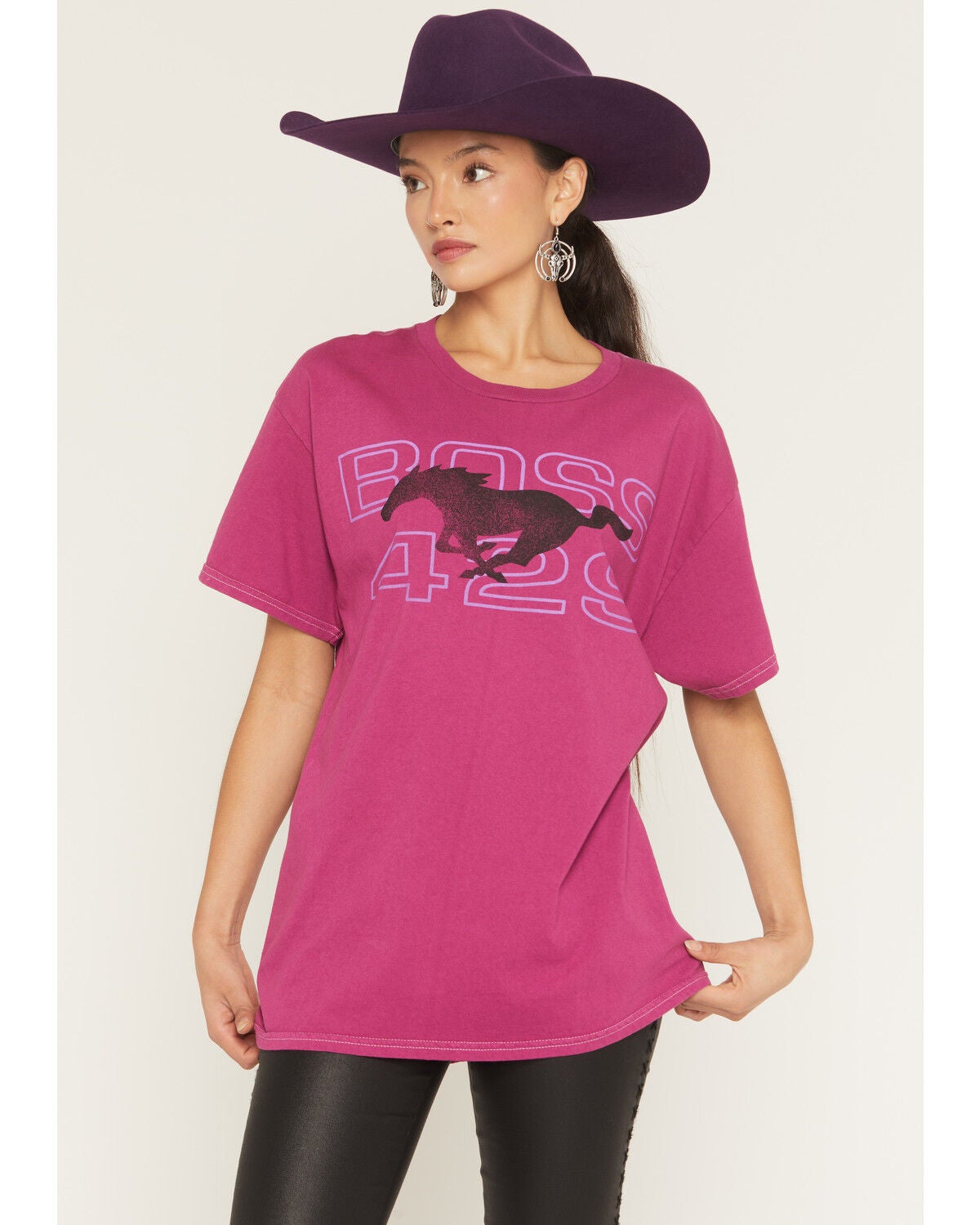 Image #1 - Merch Traffic Women's Ford Mustang Short Sleeve Graphic Tee, Pink, hi-res