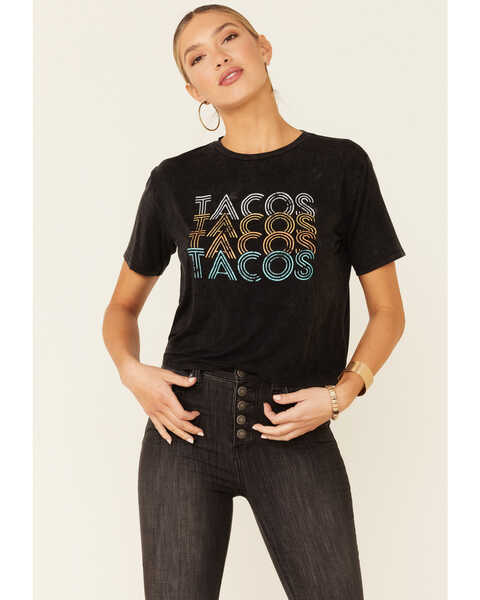 Image #1 - Rock & Roll Denim Women's Tacos Tacos Tacos Graphic Short Sleeve Tee , Charcoal, hi-res