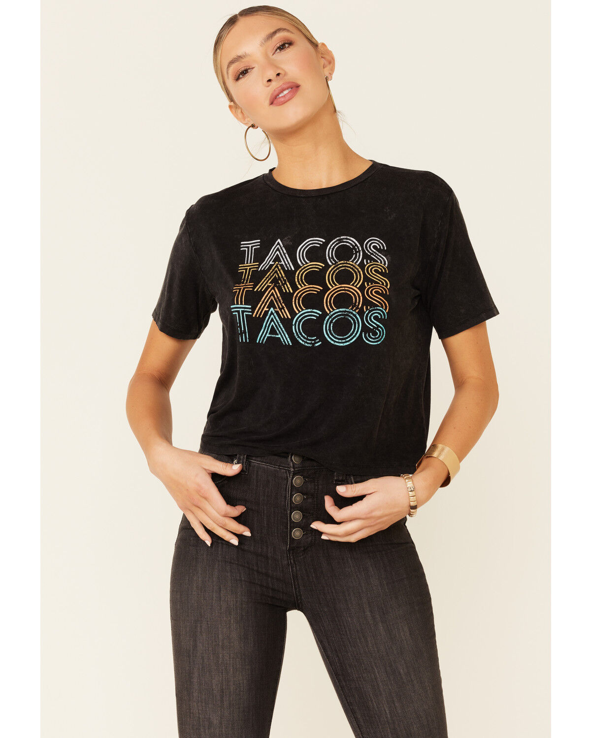 Image #1 - Rock & Roll Denim Women's Tacos Tacos Tacos Graphic Short Sleeve Tee, Charcoal, hi-res