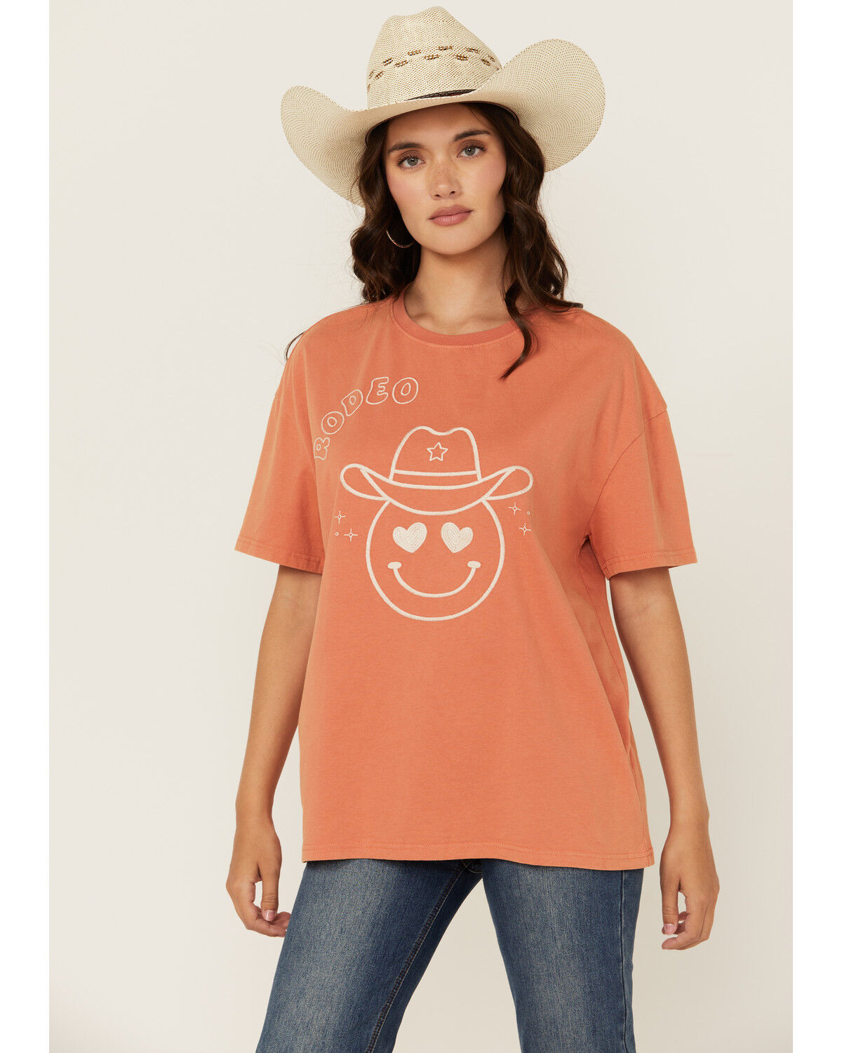 Image #1 - Blue B Women's Embroidered Smiley Rodeo Short Sleeve Graphic Tee, Orange, hi-res