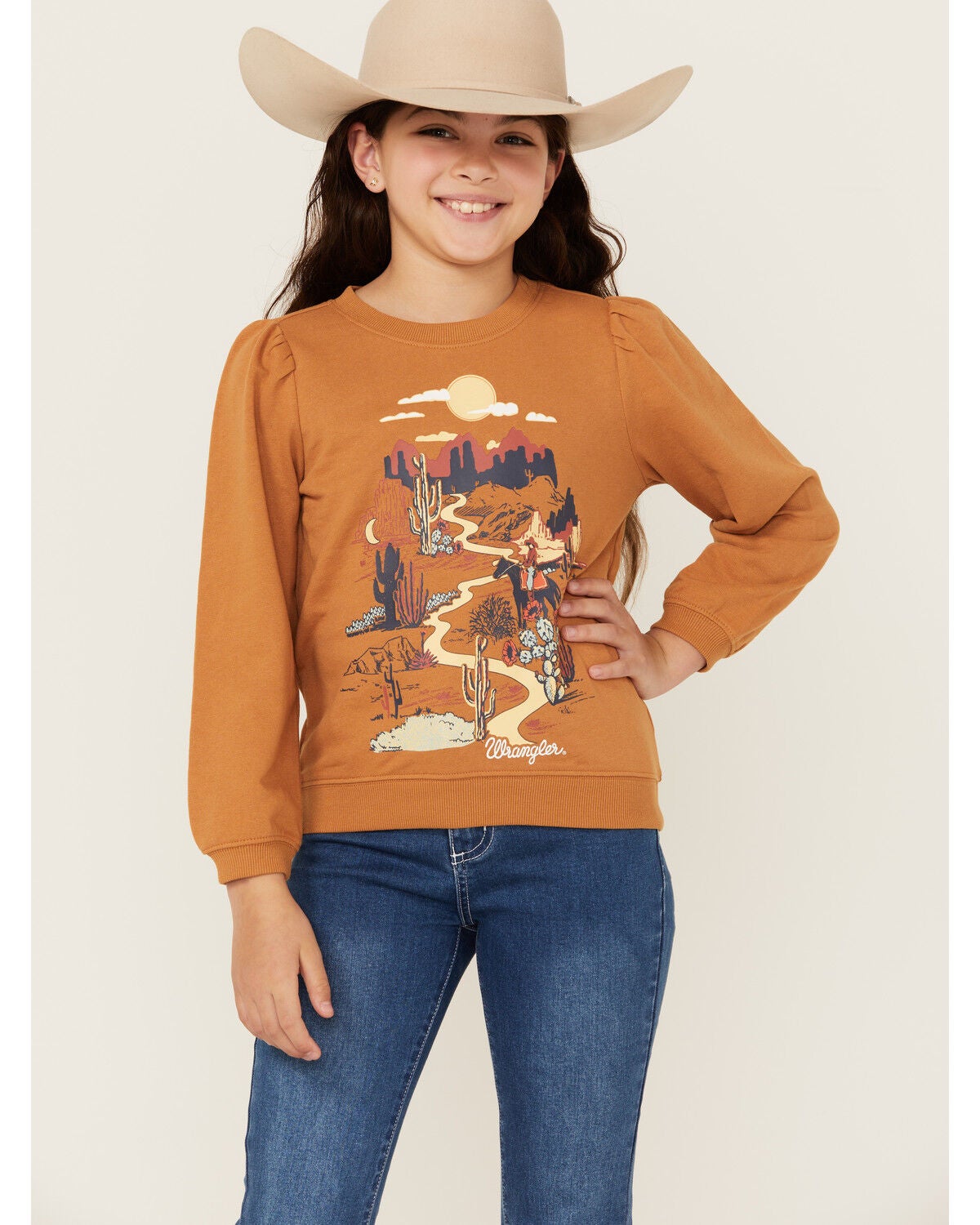 Wrangler Girls' Desert Scene Sweatshirt, Brown, hi-res