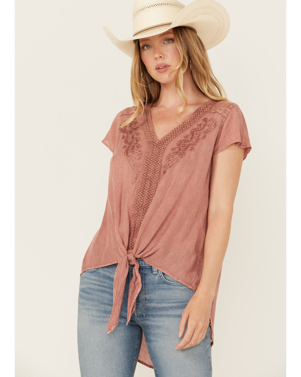 Image #1 - Nostalgia Women's Lace Trim Short Sleeve Tie Front Shirt, Mauve, hi-res