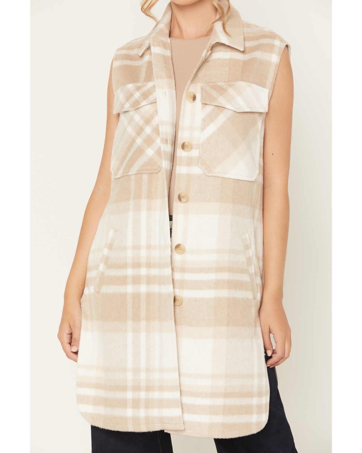 Image #3 - Ashley Women's Plaid Print Button-Down Long Vest, Beige, hi-res