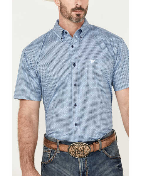 Image #3 - Cowboy Hardware Men's Diamond Plate Print Short Sleeve Button-Down Western Shirt , Blue, hi-res