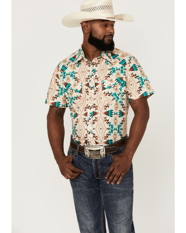 Rock & Roll Denim Men's Southwestern Print Short Sleeve Snap Western Shirt , Tan, hi-res