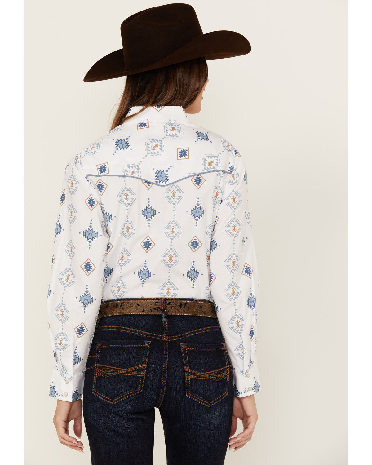Image #4 - Ely Walker Women's Southwestern Print Long Sleeve Pearl Snap Western Shirt, White, hi-res